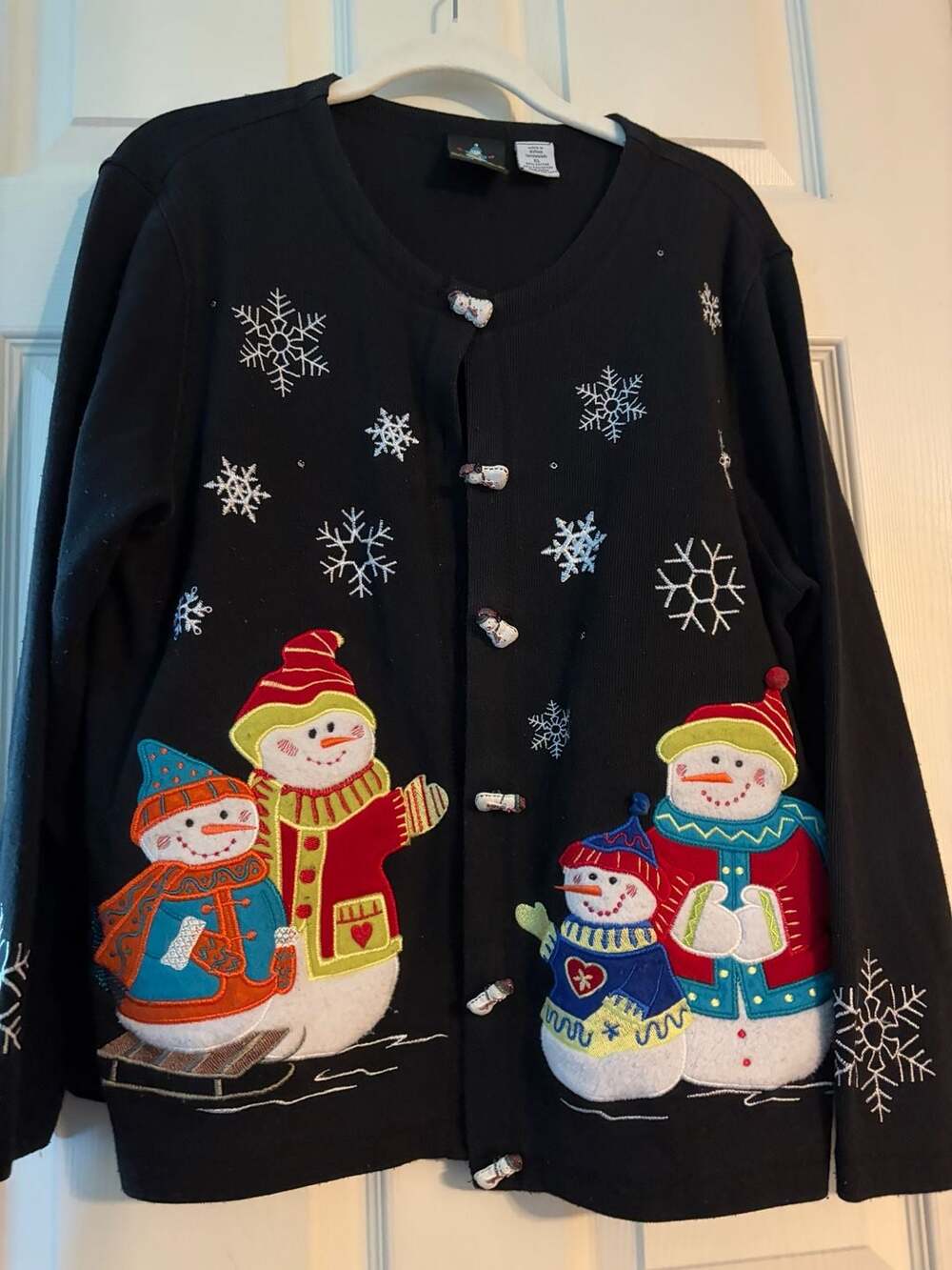 Sport Elle Women's XL Black Snowman Embroidered Christmas Cardigan Sweater